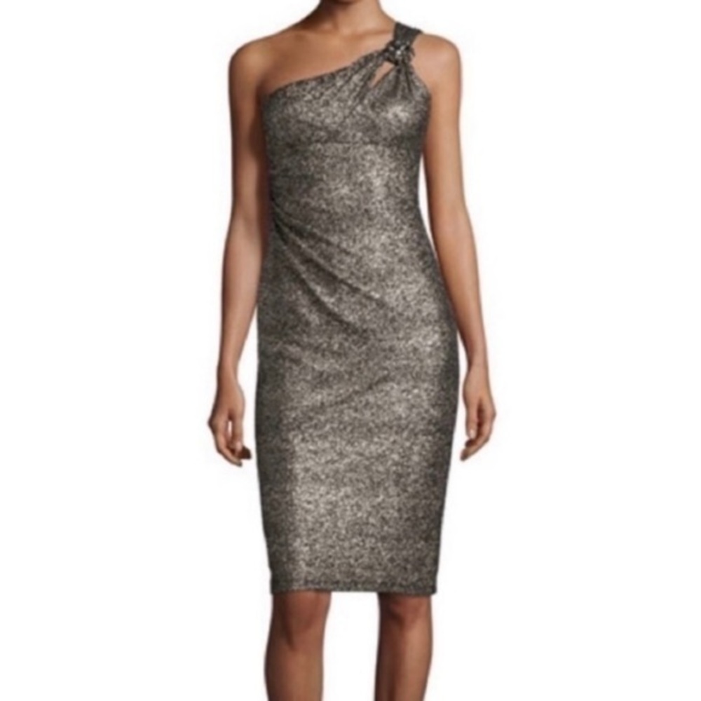 NWT David Meister One Shoulder Black Gold Metallic Glitter‎ Cocktail Sexy Dress